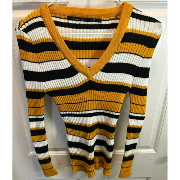 Roma Knit Women’s Petite Yellow Black And White Sweater Top Size Large - Picture 1 of 4